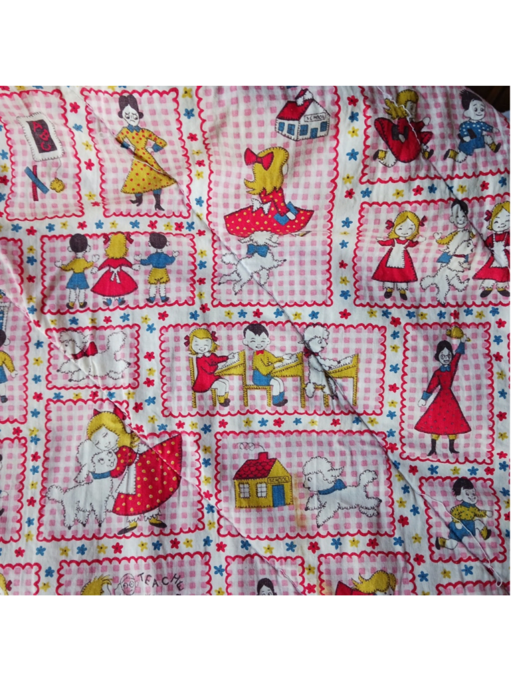 VTG "Mary Had A Little Lamb" Handmade Quilted Baby Blanket Satin Edge 32x39
